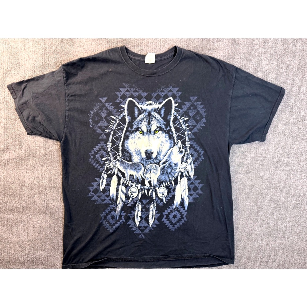 Fruit of the Loom Wolf Dreamcatcher Graphic Tee Black Cotton Mens XL Streetwear